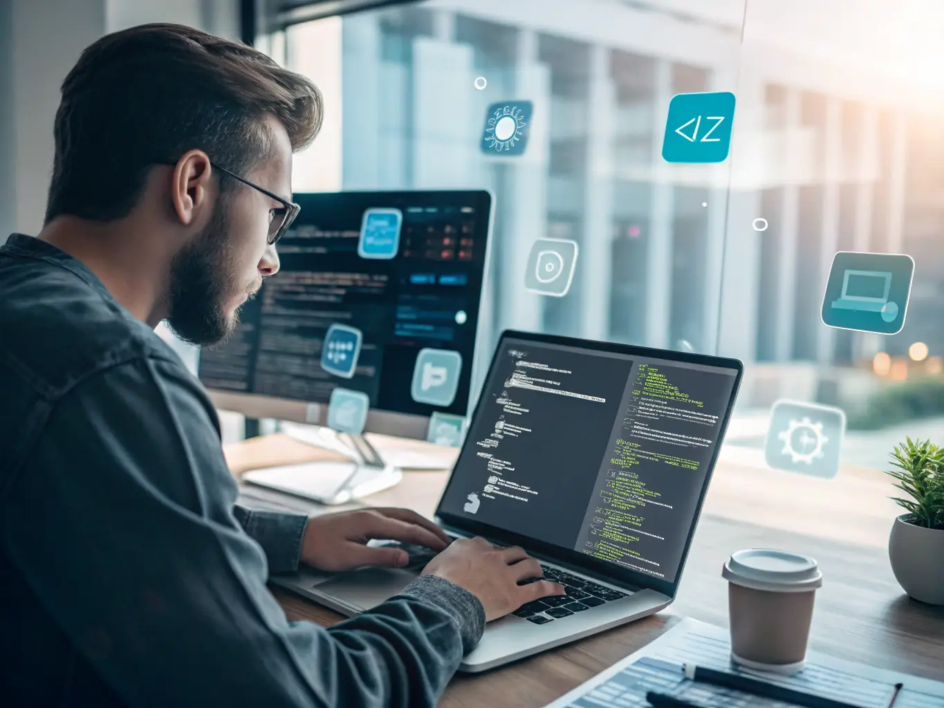A developer is deploying a React application to a cloud platform, showcasing the end-to-end development process taught in the bootcamp. The image emphasizes the practical, real-world skills gained by students.