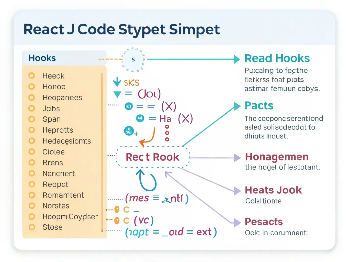 An illustration depicting React Hooks in action, showing how they manage state and side effects within functional components, with visual cues indicating the lifecycle and data flow.