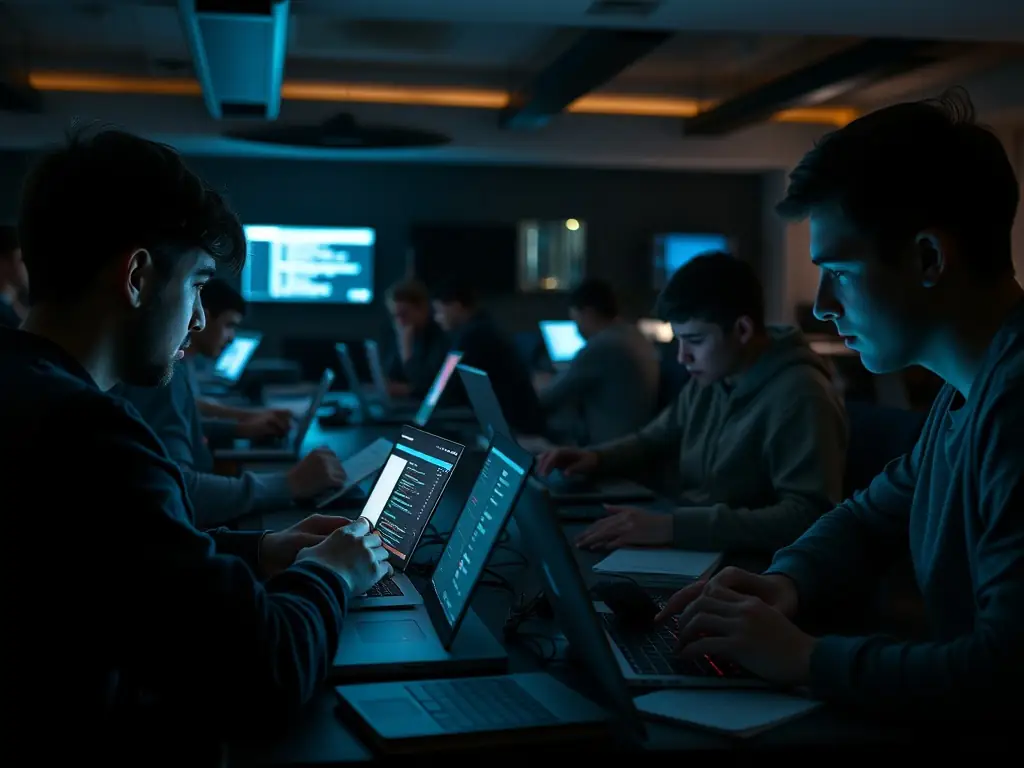 A student is coding on a laptop, surrounded by multiple screens displaying React code and documentation. The setting is a modern, collaborative workspace, emphasizing the hands-on learning environment of the bootcamp.