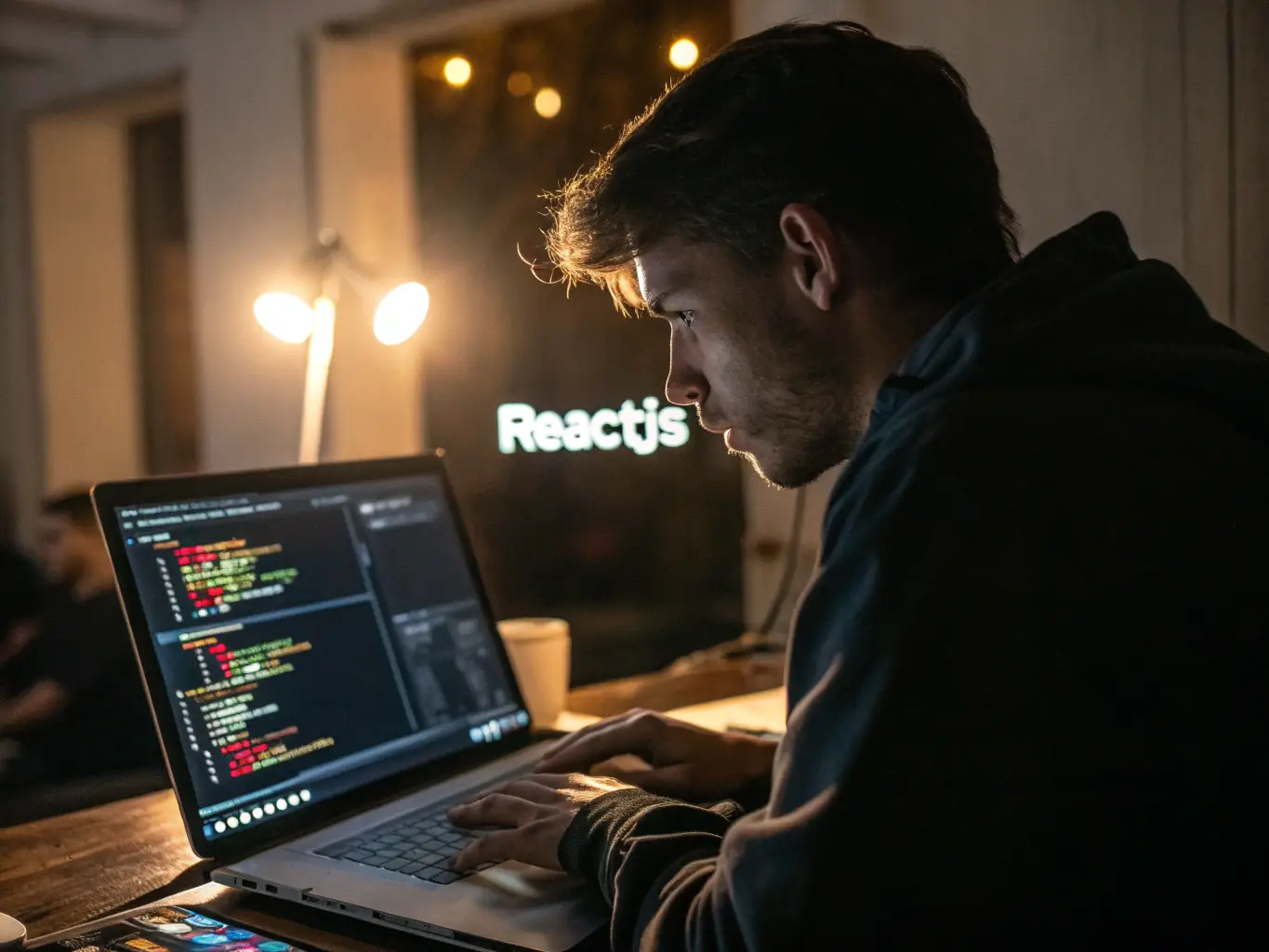 A focused image of a React code snippet on a monitor, highlighting the structure and syntax of React components, set against a background of interconnected nodes representing the flow of data in a React application.