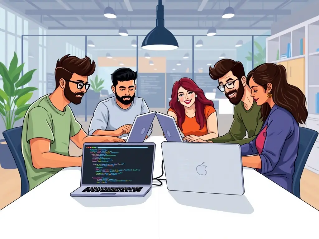 A diverse team of developers collaborating on a project in a modern office environment. The image should emphasize teamwork, problem-solving, and the collaborative nature of software development.